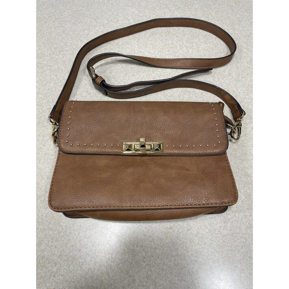 Gussaci Pebbled Faux Leather Crossbody Handbag. Brown With Gold Hardware